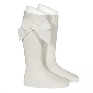 Side velvet bow knee socks 303 - Ecru